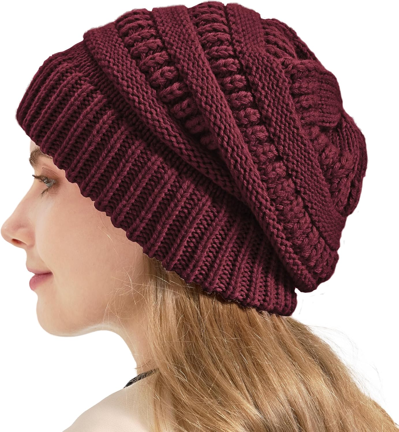 Cable Knit Slouchy Beanie for Women, Wool Winter Warm Womens Beanies, Trendy Oversized Slouch Hat Skull Ski Cap Hats